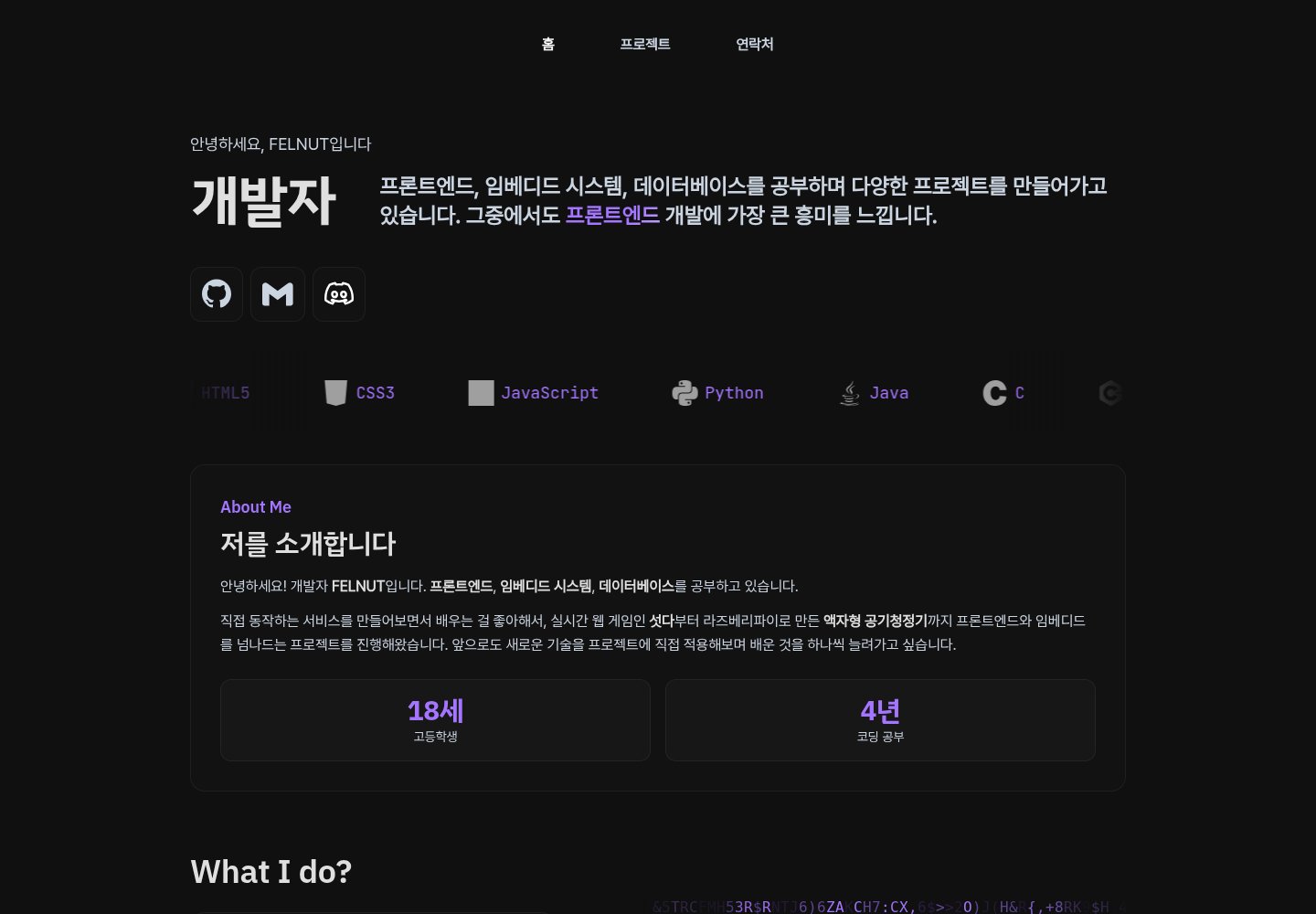 어두운 배경의 포트폴리오 첫 화면. 개발자 제목, 관심 분야 설명, 연락 링크와 자기소개 카드가 보인다.